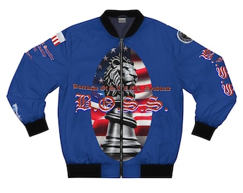 May include: A blue bomber jacket with black trim. The front displays a lion's head on a chess piece, set against an American flag. Text includes "Backbone Of S.C.E.C.L. Syndicate" and "BOSS".