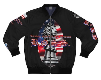 May include: Black bomber jacket with a lion chess piece design set against an American flag. The jacket has a zip closure and features the text "Backbone Of S.C.E.C.L. Syndicate" and "BOSS".