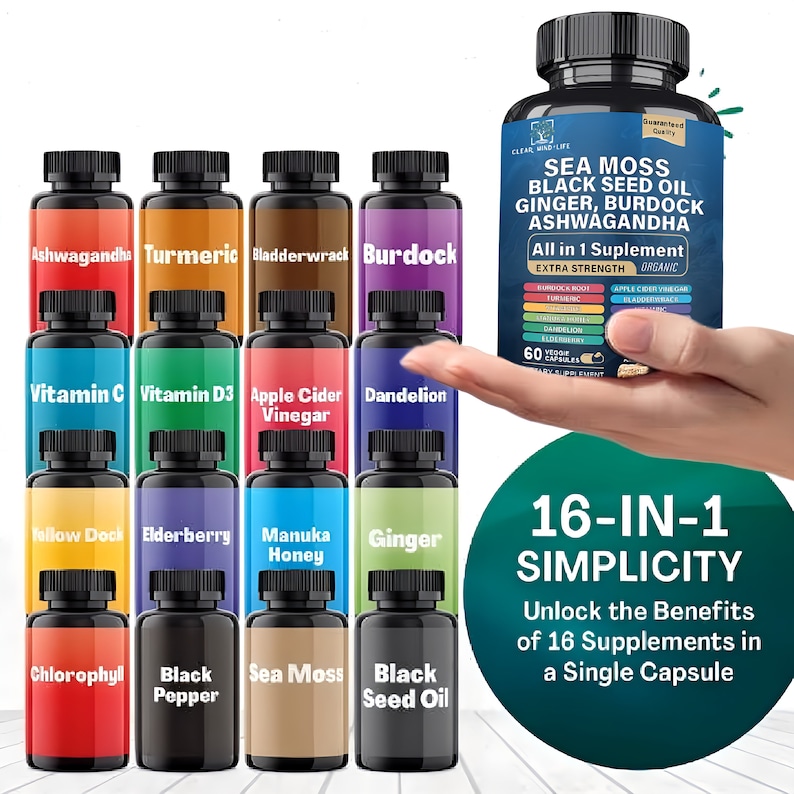 May include: A collection of supplement bottles with colorful labels, including Ashwagandha, Turmeric, and Sea Moss. A larger bottle is held in a hand, displaying the text "SEA MOSS BLACK SEED OIL GINGER, BURDOCK ASHWAGANDHA". The image also includes the text "16-IN-1 SIMPLICITY".