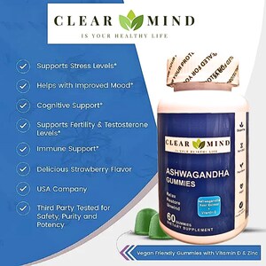 May include: A white and blue bottle of Clear Mind Ashwagandha Gummies. The label lists benefits like stress and mood support, cognitive support, and immune support. The bottle contains 60 gummies and includes the text "Vegan Friendly Gummies with Vitamin D & Zinc."