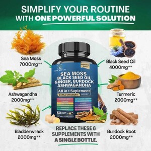 May include: A supplement bottle with the text "Sea Moss Black Seed Oil Ginger, Burdock Ashwagandha." The image also shows ingredients like sea moss, turmeric, and burdock root. The text reads "All in 1 Supplement."