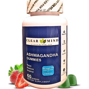May include: A white bottle of Clear Mind Ashwagandha Gummies with a blue label. The label includes text such as "Ashwagandha Gummies", "Relax, Restore, Unwind", and "60 Gummies". The bottle is accompanied by strawberries and green gummy candies.
