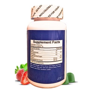 May include: A white supplement bottle with a blue label, featuring the text "Supplement Facts." The bottle is sealed with a white cap and includes two green gummy candies and fresh strawberries. The label lists nutritional information.
