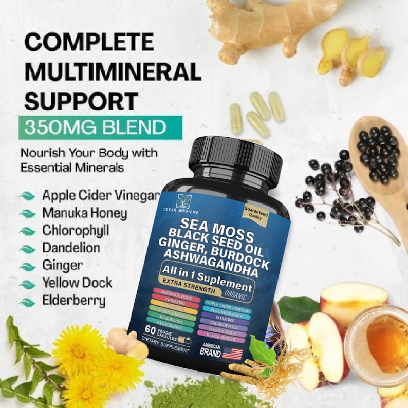 May include: A supplement bottle with a black cap and a blue label, featuring text about sea moss, ginger, and other ingredients. The image includes illustrations of ingredients like ginger, apples, and dandelions. The label states "All in 1 Supplement".