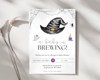 Witch Baby Shower Invitation, Halloween Theme, Editable Canva Template (Digital Download)