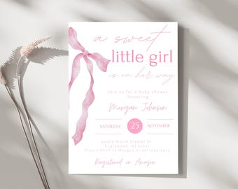 A Sweet Girl Is On Her Way Invitation, Pink Bow Baby Shower, Editable Canva Template, Digital Download Invite