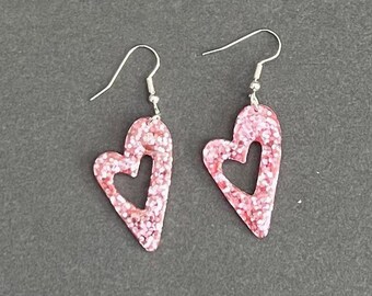 Pink heart glittery earrings, heart earrings, love earrings, valentines earrings, Valentine’s Day jewelry