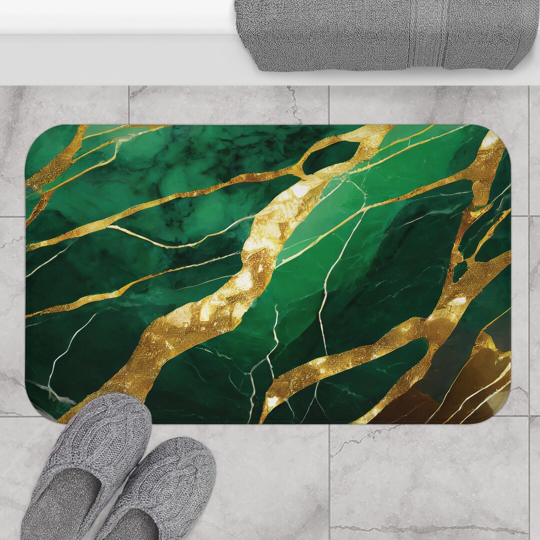 Gold and Green Marble Bath Mat Rug Shower Mat Rug Bathroom Etsy