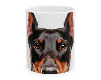 Funny Doberman Coffee Mug, Peeking Dog Mom Dad Owner Ceramic White Mug 11/15 oz Large Birthday Holiday Office Party Tea Cup