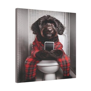 Canvas Funny Black Goldendoodle Dog Sitting on Toilet with Red Tartan Pajamas and Mobile Phone Dog Humor Bathroom Toilet Decor Wall Art Gift