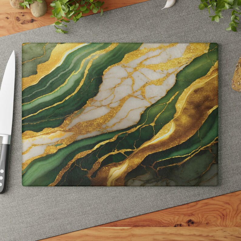 Gold and Green Marble Glass Cutting Board, Charcuterie Chopping Board