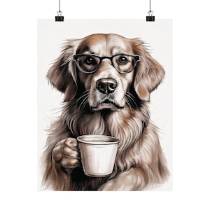 Poster Funny Golden Retriever Dog Drinking Coffee, Dog Owner Coffee Lover Dining Room Kitchen Wall Art Print Home Decor Gift- No Frame