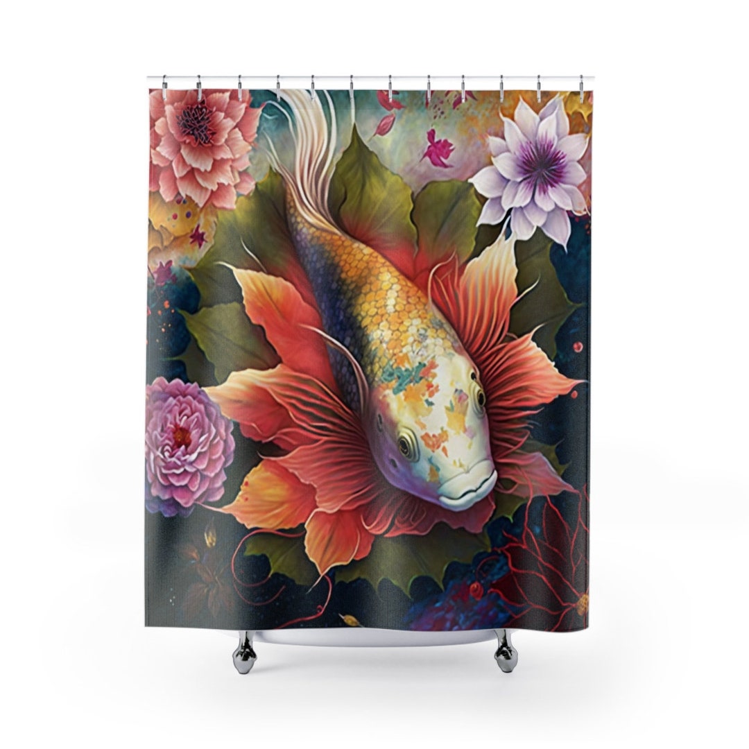 Koi Fish Shower Curtain Cute Pisces Floral Flowers Fantasy Etsy