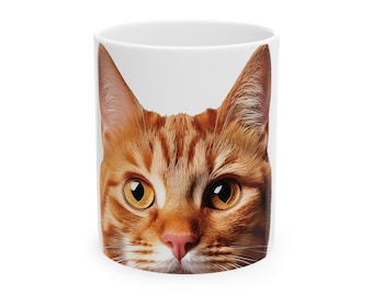 Funny Orange Tabby Cat Coffee Mug, Peeking Cat Mom Dad Owner Ceramic White Mug 11/15 oz Large Birthday Holiday Office Party Tea Cup
