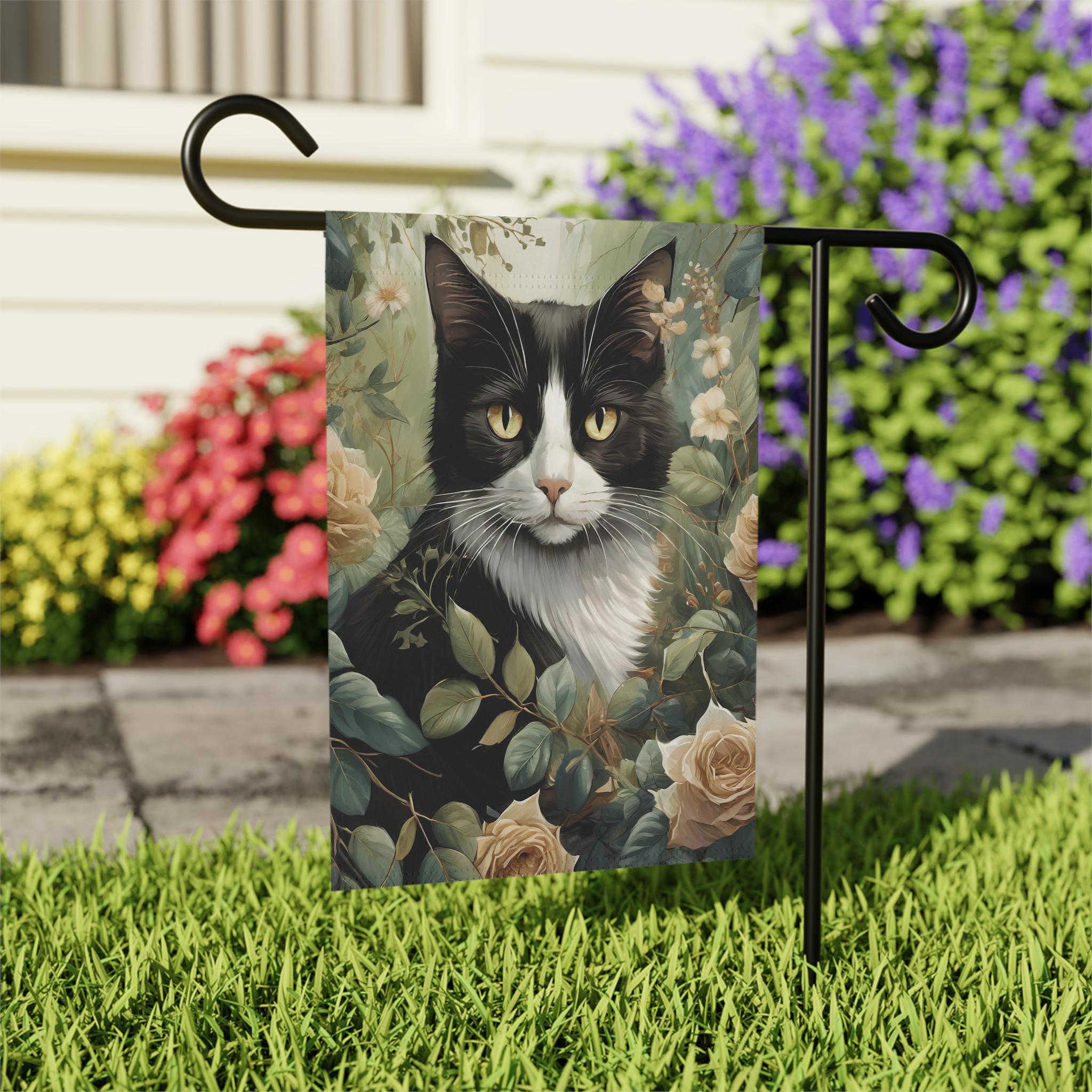 Tuxedo Cat Garden Flag, Black and White Cat, Floral Welcome Sign