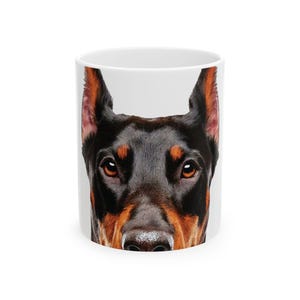 Funny Doberman Coffee Mug, Peeking Dog Mom Dad Owner Ceramic White Mug 11/15 oz Large Birthday Holiday Office Party Tea Cup