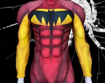 Red Muscle Suit Cosplay Bodysuit: Comic Hero Spandex Costume,Custom Superhero Muscles Costumes