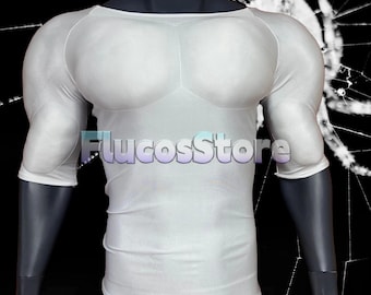 Men's Muscle Suit, White T-shirt Cosplay Bodysuit, Custom Superhero Short Sleeves Muscle Suits