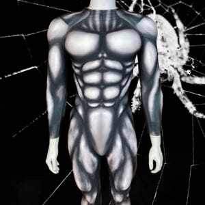 Tuta da ginnastica nera brillante originale, costume cosplay personalizzato per uomo, tuta da ginnastica nera con muscoli, tuta da ginnastica nera con muscoli