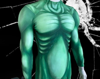 Green Texture Muscle Suit, Handmade Cosplay Costume, Custom Comic Hero Muscle Bodysuit