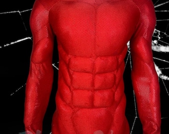 Red Screen-printed Muscle Suit,Red Cosplay Base Layer Costume,Spandex Bodysuit Halloween Muscle Suits