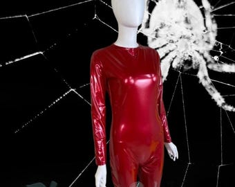 Handgefertigter roter Kunstleder Bodysuit, kundenspezifischer Cosplay Catsuit, kundenspezifische Mädchen-Halloween-Party-Klage