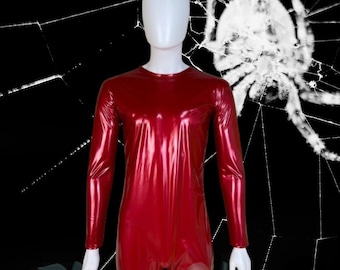 Red Viny Bodysuit | Custom Catsuit | Handmade Faux Leather Cosplay Costume | Sexy Shiny Jumpsuit