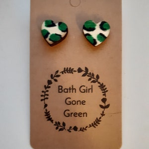 Green leopard print heart wooden eco friendly stud ear