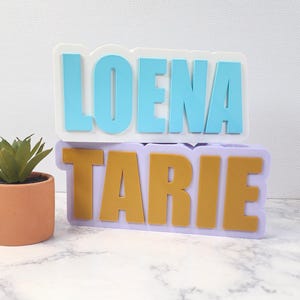 May include: Two layered name signs. The top sign reads "LOENA" in light blue letters on a white background. The bottom sign reads "TARIE" in gold letters on a purple background. A small potted plant is visible on the left.