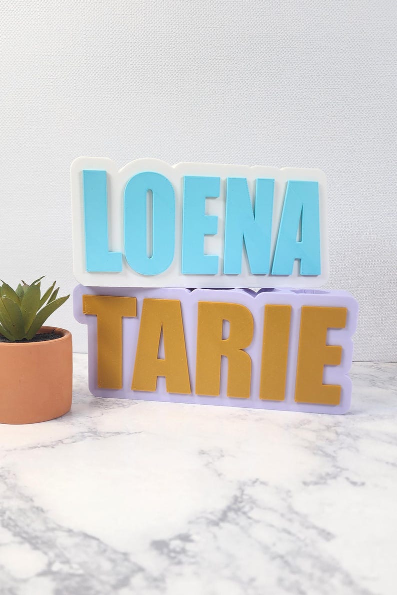 May include: Two layered name signs. The top sign reads "LOENA" in light blue letters on a white background. The bottom sign reads "TARIE" in gold letters on a purple background. A small potted plant is visible on the left.