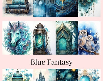 May include: A collection of watercolor illustrations with a blue fantasy theme. The images include stacks of books, castles, celestial designs, a horse, a lantern, a door, owls, a teapot, and a castle. The text "Blue Fantasy" is displayed.