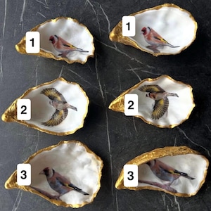 Pode incluir: Seis conchas de ostra decorativas com bordas pintadas de ouro. Cada concha apresenta uma imagem diferente de um pintassilgo. As aves são retratadas em várias poses, incluindo empoleiradas e em voo, com padrões de penas detalhados.
