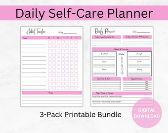 Dagelijkse zelfzorgplanner, checklist voor dagelijkse welzijnsgewoonten, dagelijkse voedsel- en bewegingsplanner, dagelijks ongedateerd afdrukbaar plan