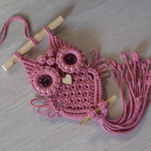 Könnte beinhalten: Handgefertigte Wanddekoration in Form einer Eule aus rosa Makramee. Die Eule hat große Knopfaugen, ein kleines Holzherz und einen Fransen-Schwanz. Sie hängt an einem Holzstab mit einer rosa Schnur. Aus geknotetem rosa Garn.
