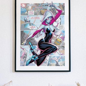 May include: A comic book style illustration of a female superhero wearing a white hooded costume with pink and black accents. She is swinging from a web and has a determined expression on her face. The background is a cityscape with comic book panels.