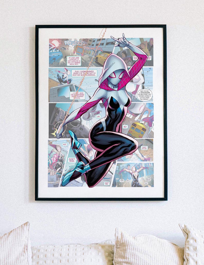 May include: A comic book style illustration of a female superhero wearing a white hooded costume with pink and black accents. She is swinging from a web and has a determined expression on her face. The background is a cityscape with comic book panels.