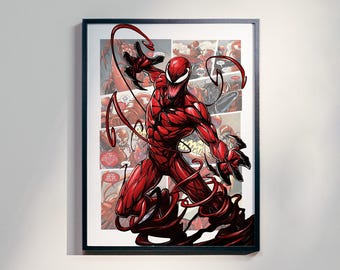 Puede incluir: Una impresión enmarcada de un personaje de cómic, Carnage, con un traje rojo y negro y una expresión amenazante. El personaje está rodeado de viñetas de cómics.