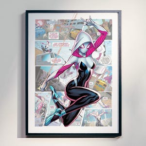 May include: A comic book cover featuring a female superhero in a white and black suit with pink accents. She is swinging through the air with a web line. The cover has a comic book style background with text and images.