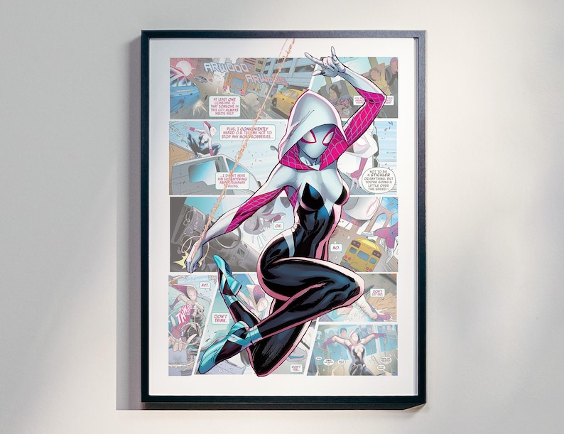 May include: A comic book cover featuring a female superhero in a white and black suit with pink accents. She is swinging through the air with a web line. The cover has a comic book style background with text and images.