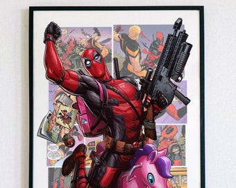 May include: A framed comic book art print featuring Deadpool in a red and black suit, holding a black rifle, riding a pink toy pony, and wearing a pink backpack. The background consists of a collage of comic panels with various action scenes.