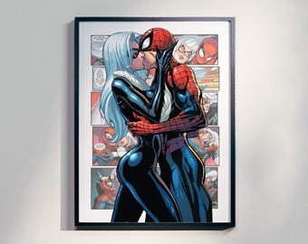 Spider-Man and Black Cat Love Poster - Comic Book Wall Art - Superhero Print - Gamer Room Decor