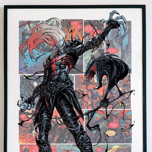May include: A black and red comic book character with long white hair and sharp claws. The character is posed in a dynamic action pose, with a dark background of comic book panels.