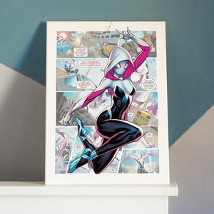May include: A comic book cover featuring a female superhero in a white and pink suit with black leggings, swinging through the air with a web. The background is a colorful comic book panel with other characters and objects.