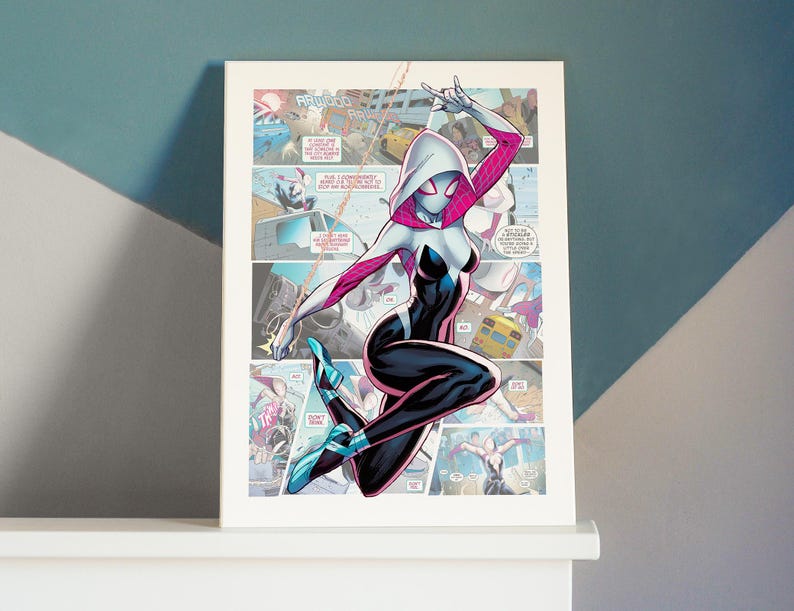 May include: A comic book cover featuring a female superhero in a white and pink suit with black leggings, swinging through the air with a web. The background is a colorful comic book panel with other characters and objects.