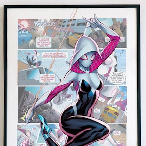 May include: A comic book illustration of a female superhero wearing a white and pink costume with a spider web design. She is swinging through the air with a web line attached to her wrist. The background is a comic book panel with text bubbles and speech balloons.