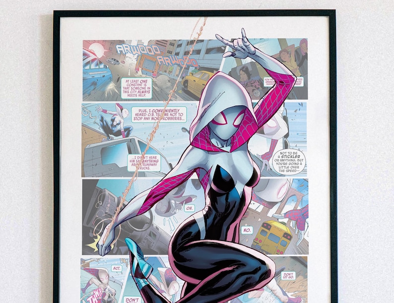 May include: A comic book illustration of a female superhero wearing a white and pink costume with a spider web design. She is swinging through the air with a web line attached to her wrist. The background is a comic book panel with text bubbles and speech balloons.
