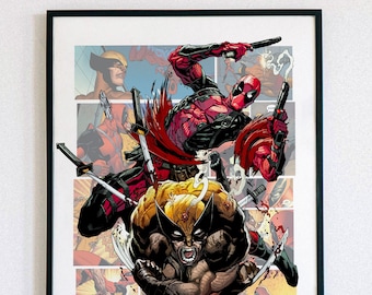 Póster de superhéroes de Deadpool y Lobezno: Arte de cómic imprimible (descarga digital)