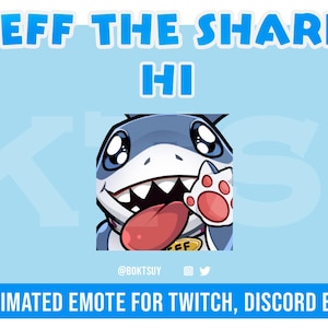 Puede incluir: Emoticono animado de un tiburón azul con la barriga blanca, sonriendo con la lengua fuera y saludando con la pata. El tiburón lleva un collar azul con una etiqueta que dice "Jeff". El texto "Jeff the Shark Hi" está en la parte superior de la imagen y "Emoticono animado para Twitch, Discord etc" está en la parte inferior.