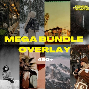 May include: A collage of images featuring various scenes, including a snowy forest, a palm tree lined street, a mountain range, and a city street. The text "MEGA BUNDLE OVERLAY 450+" is displayed in yellow letters on a black background.