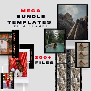 May include: A collection of 200+ film frame templates for digital design. The templates feature a variety of styles, including black and white, color, and vintage. The text "MEGA BUNDLE TEMPLATES FILM FRAMES" is displayed in red and white text on a gray background.